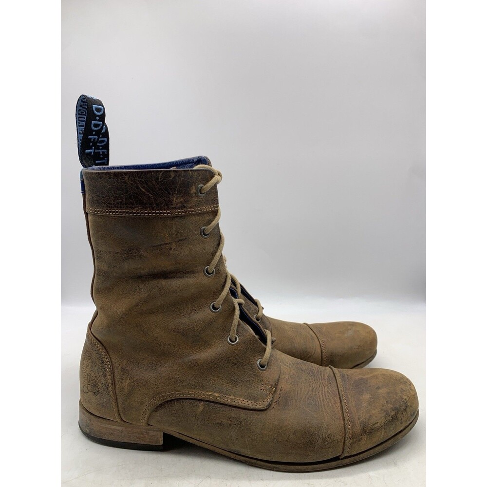 John Fluevog Radio BBC Lace Up Boots Mens Sz 10.5 Brown Leather Cap Toe Combat